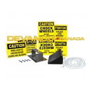 Wheel Chock Safety Pkg incl'd: chock w eye hook wall bracket 15' chain 3/8"x1 7/8" anchors (4) 3/16" quick link (2) & English caution sign